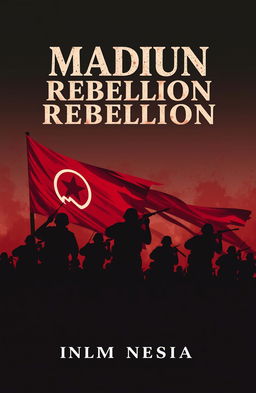 A book cover design for a book about the Madiun PKI rebellion, featuring a dramatic and historical theme