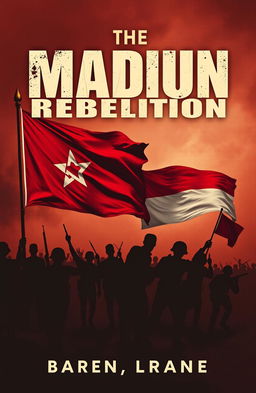 A book cover design for a book about the Madiun PKI rebellion, featuring a dramatic and historical theme