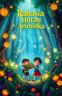 A vibrant and enchanting forest scene featuring two children exploring with a map