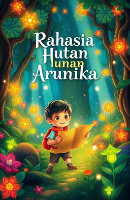 A vibrant and enchanting forest scene featuring two children exploring with a map