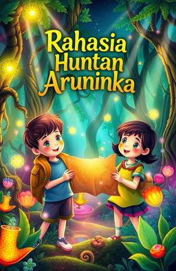 A vibrant and enchanting forest scene featuring two children exploring with a map