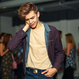 A scene depicting an attractive 20-year-old man with stylish hair, dressed in trendy casual clothes, standing in a brightly lit setting