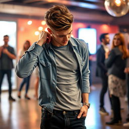 A scene depicting an attractive 20-year-old man with stylish hair, dressed in trendy casual clothes, standing in a brightly lit setting