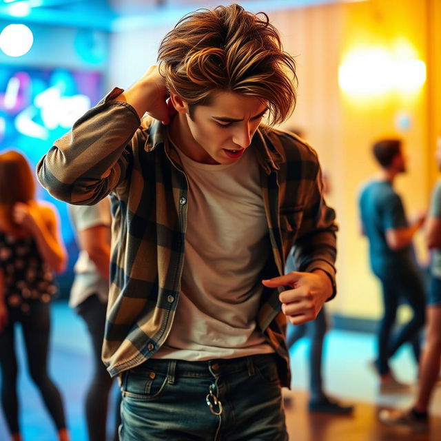 A scene depicting an attractive 20-year-old man with stylish hair, dressed in trendy casual clothes, standing in a brightly lit setting