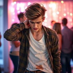 A scene depicting an attractive 20-year-old man with stylish hair, dressed in trendy casual clothes, standing in a brightly lit setting