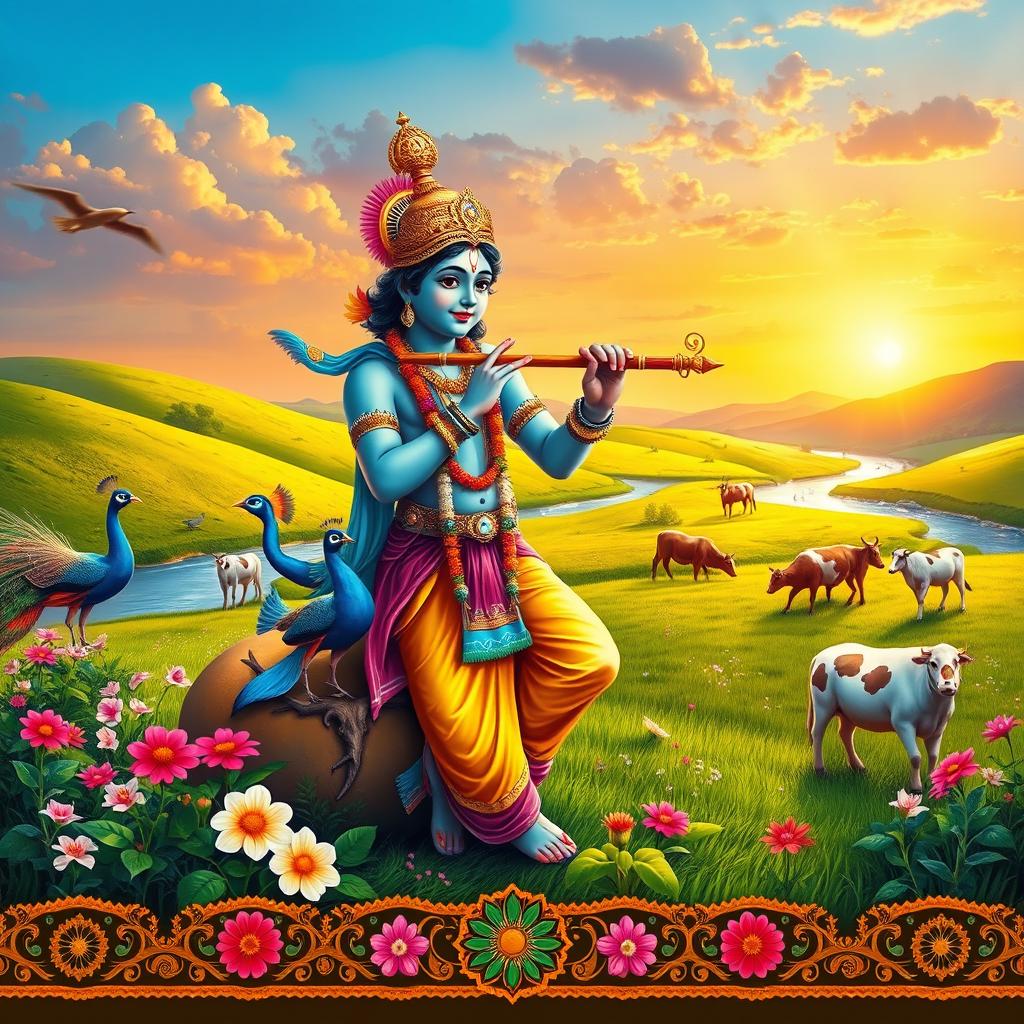 A colorful and vibrant depiction of Lord Krishna playing the flute, surrounded by lush green pastures filled with blooming flowers and a serene river in the background