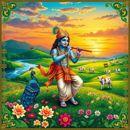 A colorful and vibrant depiction of Lord Krishna playing the flute, surrounded by lush green pastures filled with blooming flowers and a serene river in the background