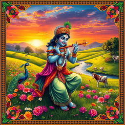 A colorful and vibrant depiction of Lord Krishna playing the flute, surrounded by lush green pastures filled with blooming flowers and a serene river in the background