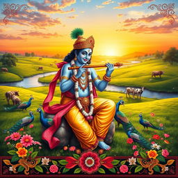 A colorful and vibrant depiction of Lord Krishna playing the flute, surrounded by lush green pastures filled with blooming flowers and a serene river in the background