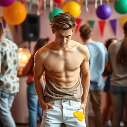 A scene featuring an attractive 20-year-old man with stylish hair, looking distressed, standing in a lively setting