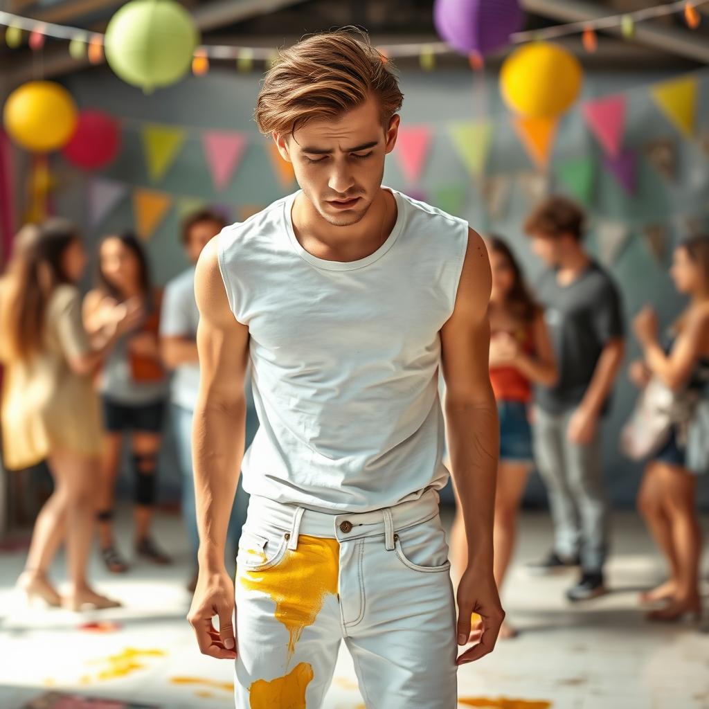 A scene featuring an attractive 20-year-old man with stylish hair, looking distressed, standing in a lively setting