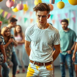 A scene featuring an attractive 20-year-old man with stylish hair, looking distressed, standing in a lively setting