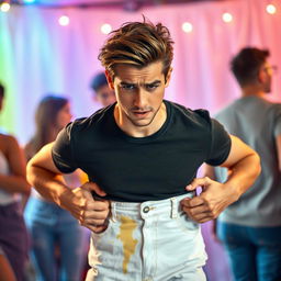 A scene capturing an attractive 20-year-old man with stylish hair, looking distressed and holding his white jeans that have visibly changed color due to an accident