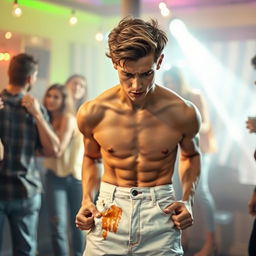 A scene capturing an attractive 20-year-old man with stylish hair, looking distressed and holding his white jeans that have visibly changed color due to an accident