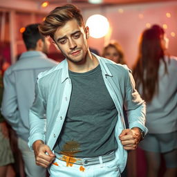 A scene capturing an attractive 20-year-old man with stylish hair, looking distressed and holding his white jeans that have visibly changed color due to an accident