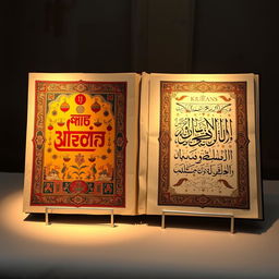 An artistic representation showcasing the Vedas and Kuran, displayed side by side