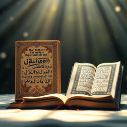 An artistic representation showcasing the Vedas and Kuran, displayed side by side