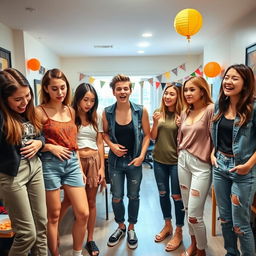 A humorous scene depicting a group of attractive young adults engaged in a playful pee-holding challenge