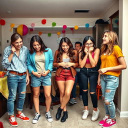 A humorous scene depicting a group of attractive young adults engaged in a playful pee-holding challenge