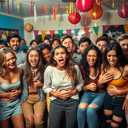 A comedic scene depicting a group of diverse young adults in a lively but chaotic setting, all looking visibly distressed and uncomfortable because they all have to pee, and there are no bathrooms available