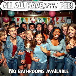 A comedic scene depicting a group of diverse young adults in a lively but chaotic setting, all looking visibly distressed and uncomfortable because they all have to pee, and there are no bathrooms available
