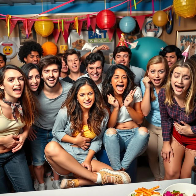 A comedic scene depicting a group of diverse young adults in a lively but chaotic setting, all looking visibly distressed and uncomfortable because they all have to pee, and there are no bathrooms available