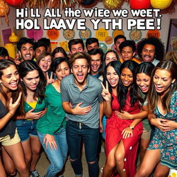 A comedic scene depicting a group of diverse young adults in a lively but chaotic setting, all looking visibly distressed and uncomfortable because they all have to pee, and there are no bathrooms available