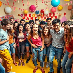 An exaggerated and chaotic scene featuring a diverse group of young adults in a bright, lively setting, all visibly distressed and expressing urgency, as they face a humorous situation where everyone has to pee and there are no bathrooms available