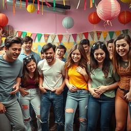 An exaggerated and chaotic scene featuring a diverse group of young adults in a bright, lively setting, all visibly distressed and expressing urgency, as they face a humorous situation where everyone has to pee and there are no bathrooms available