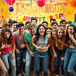 An exaggerated and chaotic scene featuring a diverse group of young adults in a bright, lively setting, all visibly distressed and expressing urgency, as they face a humorous situation where everyone has to pee and there are no bathrooms available