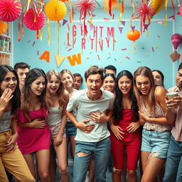 An exaggerated and chaotic scene featuring a diverse group of young adults in a bright, lively setting, all visibly distressed and expressing urgency, as they face a humorous situation where everyone has to pee and there are no bathrooms available
