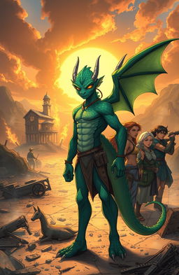 A captivating illustration of Ego, a uniquely human character with dragon-like features, standing strong in a dramatic pose amidst a war-torn landscape reminiscent of World War I