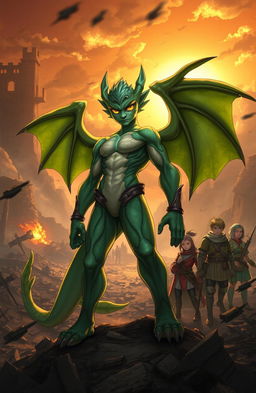 A captivating illustration of Ego, a uniquely human character with dragon-like features, standing strong in a dramatic pose amidst a war-torn landscape reminiscent of World War I