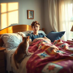 A lighthearted and humorous bedroom scene featuring a young adult waking up in a bed with a surprised expression, realizing that they have accidentally wet the bed during the night