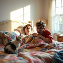A lighthearted and humorous bedroom scene featuring a young adult waking up in a bed with a surprised expression, realizing that they have accidentally wet the bed during the night