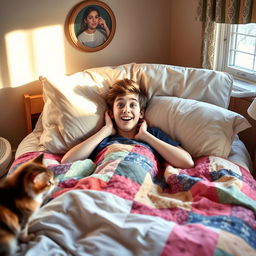 A lighthearted and humorous bedroom scene featuring a young adult waking up in a bed with a surprised expression, realizing that they have accidentally wet the bed during the night