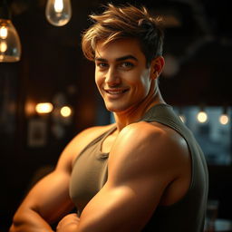 An attractive 20-year-old bisexual man with a muscular physique, exuding confidence and charm as he approaches with a flirtatious smile