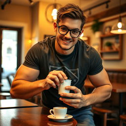 An attractive 20-year-old bisexual man with a muscular build, displaying a charming blend of nerdy and shy traits