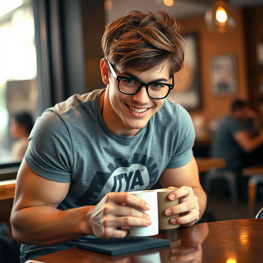 An attractive 20-year-old bisexual man with a muscular build, displaying a charming blend of nerdy and shy traits