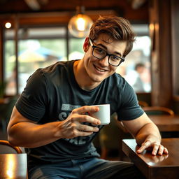 An attractive 20-year-old bisexual man with a muscular build, displaying a charming blend of nerdy and shy traits