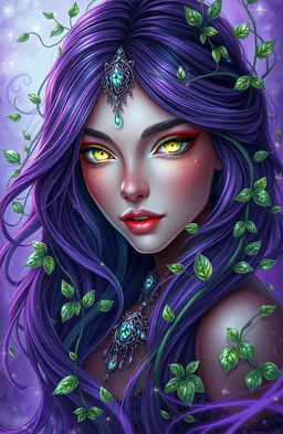 A stunning portrait of a fantastical character entwined with delicate vines, predominantly featuring a purple and green color theme