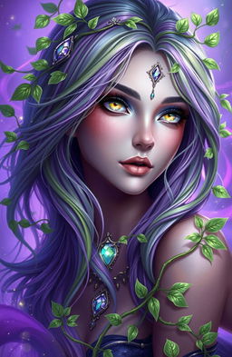A stunning portrait of a fantastical character entwined with delicate vines, predominantly featuring a purple and green color theme