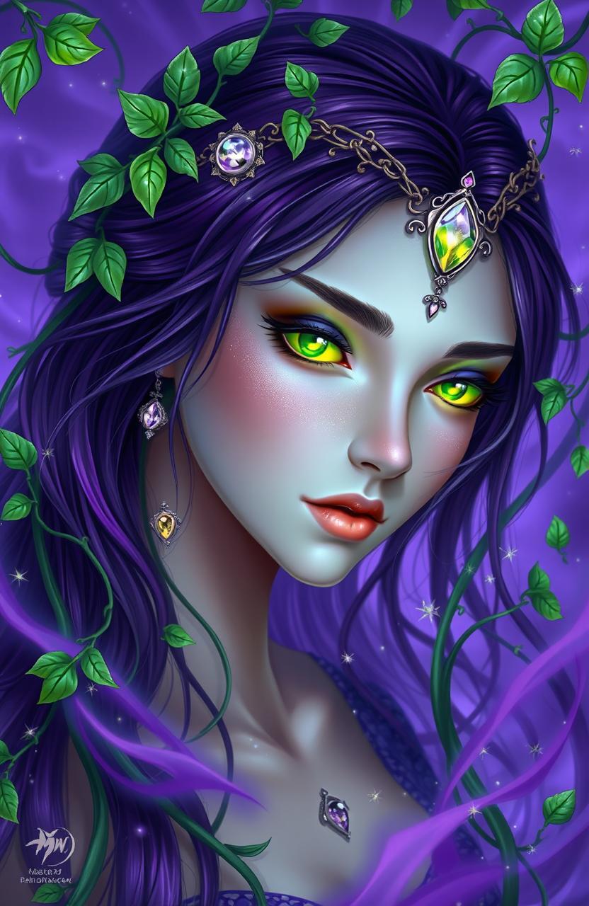 A stunning portrait of a fantastical character entwined with delicate vines, predominantly featuring a purple and green color theme