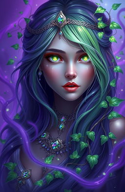 A stunning portrait of a fantastical character entwined with delicate vines, predominantly featuring a purple and green color theme