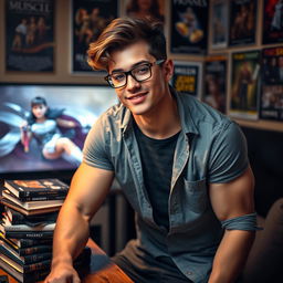 An attractive 20-year-old bisexual man with a muscular build, blending a charming mix of nerdy and shy traits