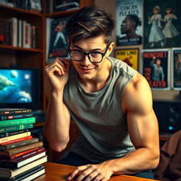 An attractive 20-year-old bisexual man with a muscular build, blending a charming mix of nerdy and shy traits