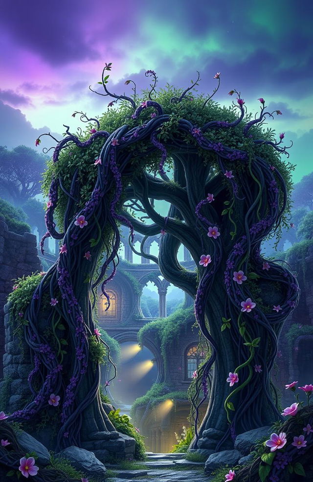 A magical fantasy scene filled with lush, intertwining vines in various shades of purple and green