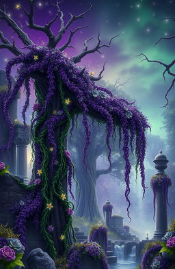 A magical fantasy scene filled with lush, intertwining vines in various shades of purple and green