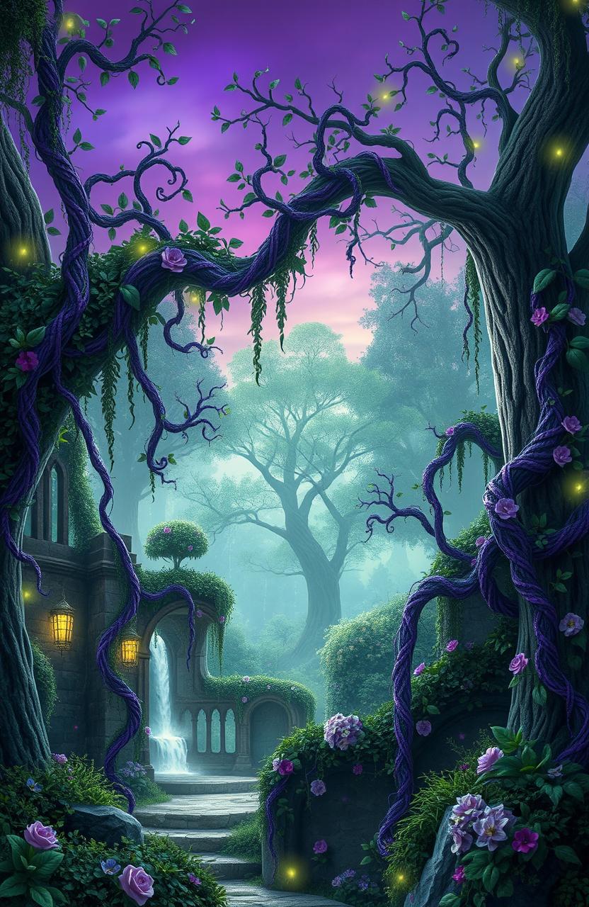 A magical fantasy scene filled with lush, intertwining vines in various shades of purple and green