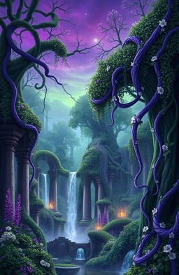 A magical fantasy scene filled with lush, intertwining vines in various shades of purple and green